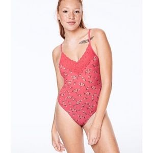 PINK Victoria's Secret Floral and Lace Coral Ribbed Thong Bodysuit Size …